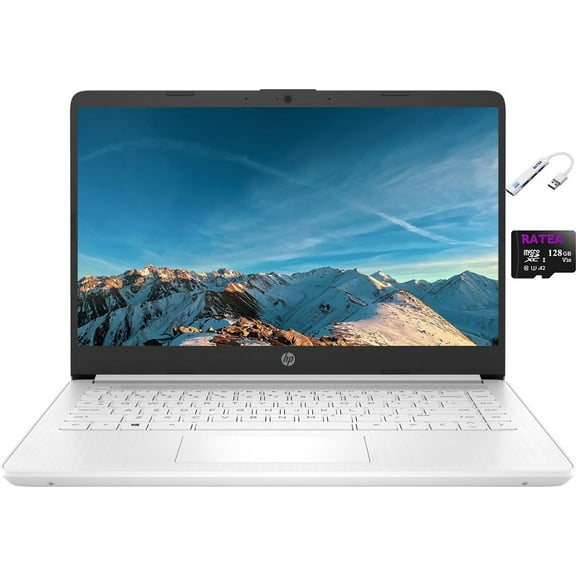 HP 14" HD BrightView Student Laptop, Intel N4120 Quad-Core, 8GB RAM, 192GB Storage(64GB eMMC+128GB SD Card), One Year Office 365, WiFi, Webcam, HDMI, USB-A&C, Win 11 S, USB 3.0 Hub, Snowflake White