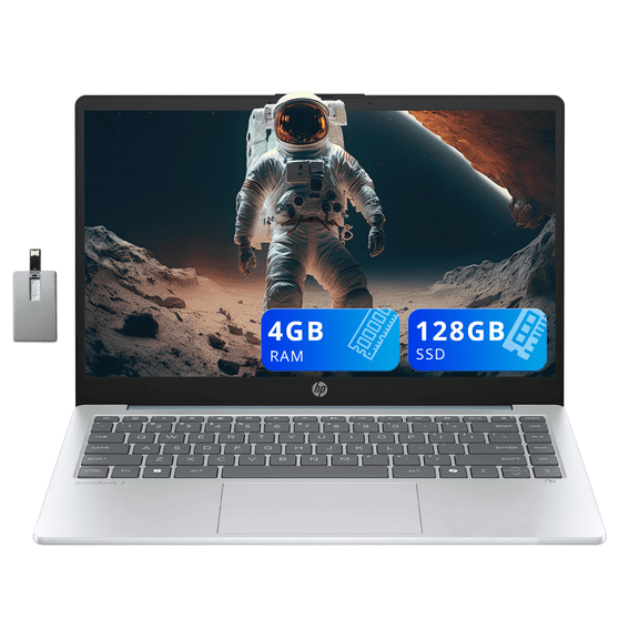 HP 14" HD Business Laptop, AMD Athlon 7120, 4GB RAM, 128GB SSD, AMD Radeon Graphics, Copilot, 720p HD Camera, Wi-Fi 6, Windows 11 Home, Blue, 32GB USB Card