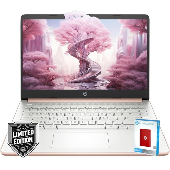HP 14" HD Laptop | Back to School Limited Edition with 1 Year Microsoft 365 | Intel Quad-Core Processor | 8GB RAM | 576GB Storage | Long Battery Life | Rose Gold | 512GB HP P500 External SSD | Win 11
