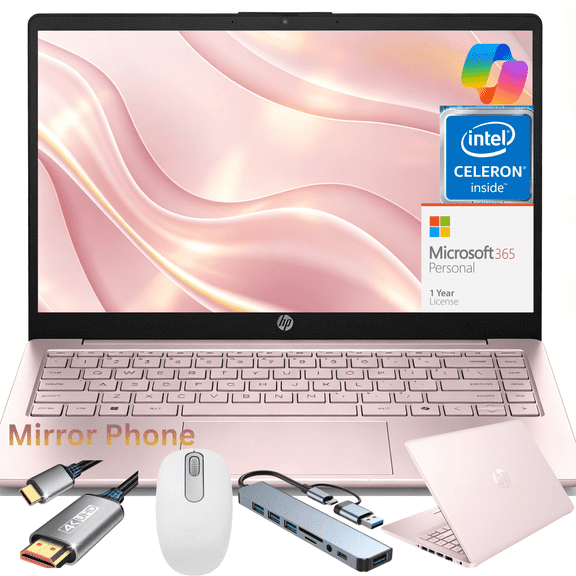HP 14" HD Laptop, Intel N150 Processor (Up to 2.8GHz), 16GB RAM, 128GB eMMC, Windows 11 Home, Anti-Glare Display, Lightweight Student & Work Notebook Pink Bundle Set