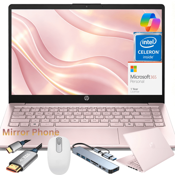 HP 14" HD Laptop, Intel N150 Processor (Up to 2.8GHz), 4GB RAM, 128GB eMMC, Windows 11 Home, Anti-Glare Display, Lightweight Student & Work Notebook Pink Bundle Set