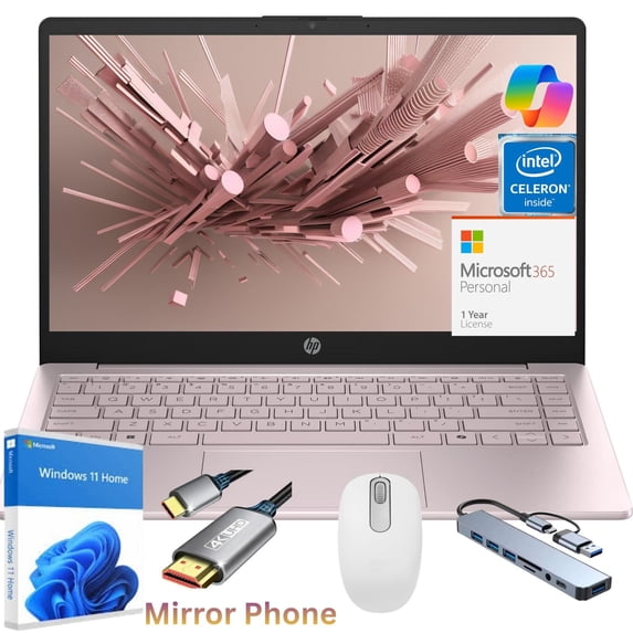HP 14" HD Laptop, Intel N150 Processor (Up to 2.8GHz), 8GB RAM, 128GB eMMC, Windows 11 Home, Anti-Glare Display, Lightweight Student & Work Notebook Pink Bundle Set
