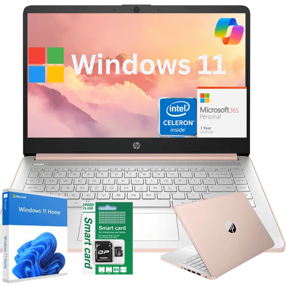 HP 14" HD Laptop, Intel N4500 Processor (Up to 2.8GHz), 8GB RAM, 64GB eMMC+64GB SD Card, Windows 11 Home, Anti-Glare Display, Lightweight Student & Work Notebook Rose Gold