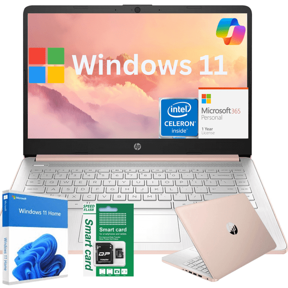 HP 14" HD Laptop, Intel N4500 Processor (Up to 2.8GHz), 8GB RAM, 64GB eMMC+64GB SD Card, Windows 11 Home, Anti-Glare Display, Lightweight Student & Work Notebook Rose Gold