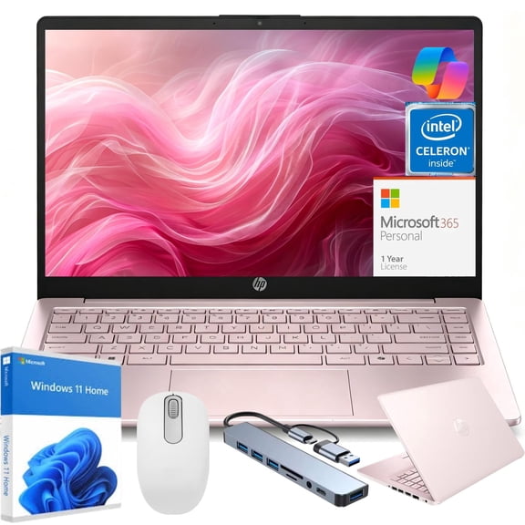 HP 14” HD Laptop, Intel Processor N150, 16GB RAM, 128GB UFS, Windows 11 Home in S Mode, Pink, Gift Set