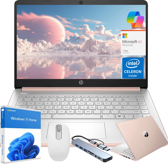 HP 14” HD Laptop, Intel Processor N4500, 8GB RAM, 64GB UFS, Windows 11 Home in S Mode, Rose Gold, Gift Set