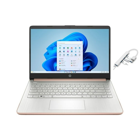 HP 14" HD Laptop | Quad-core Intel Celeron processor | Intel UHD Graphics| HDMI 1.4 | Rose Gold| 8GB RAM | 128GB SSD | Windows 11 S | Bundle with USB 3.0 Hub