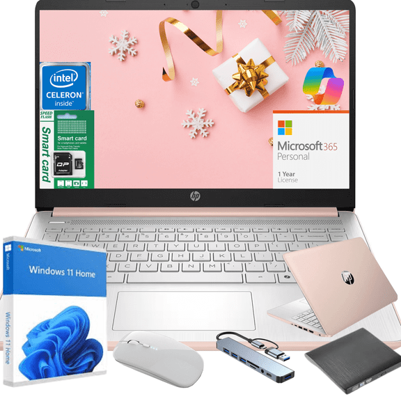 HP 14" HD Laptop for School and Work, Intel N4500, 8GB RAM, 128GB(64GB eMMC+64GB Micro SD) Storage, Windows 11 Home with Copilot, 1-Year Microsoft 365, Rose Gold, Gift Bundle