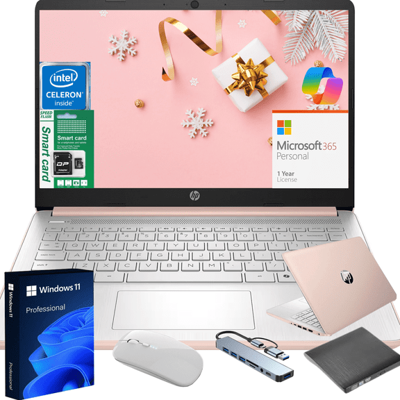 HP 14" HD Laptop for School and Work, Intel N4500, 8GB RAM, 128GB(64GB eMMC+64GB Micro SD) Storage, Windows 11 Pro with Copilot, 1-Year Microsoft 365, Rose Gold, Gift Bundle