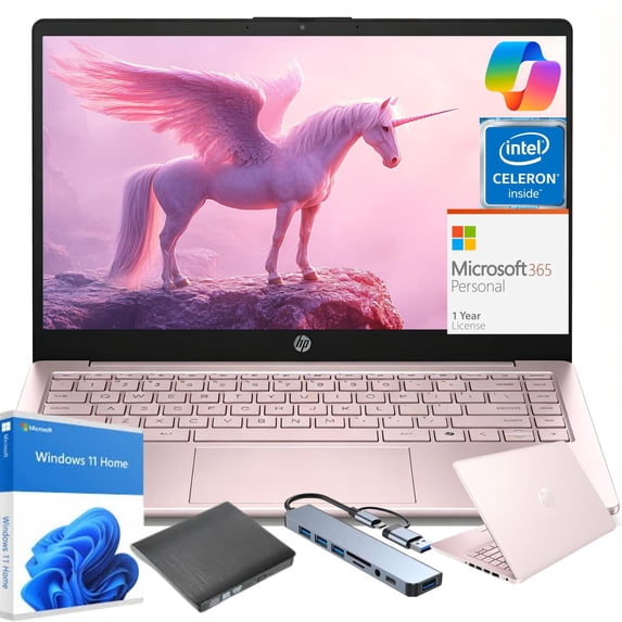HP 14" HD Laptop for Students and Business, Intel Quad-Core Processor,16GB RAM, 128GB eMMC, Long Battery Life, UHD Graphics, Webcam, Windows 11 Home in S Mode, Pink