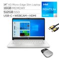 thumbnail image 1 of HP 14" HD Micro-Edge Slim Laptop Platinum, Intel Quad-Core Pentium Silver N5030 up to 3.10GHz, 16GB RAM, 512GB SSD, USB-C, Webcam, HDMI, Ethernet, Wireless Mouse, Mytrix HDMI Cable, Win 10, 1 of 6