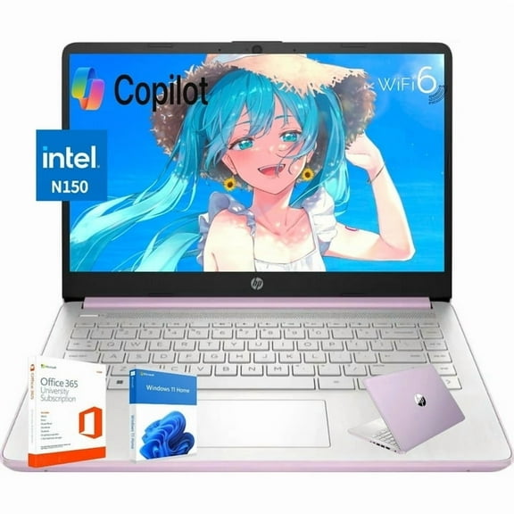 HP 14" HD Student&Business Laptop, Intel N150 CPU(Beats i3-1115G4), 16GB RAM,384GB Storage, (128GB eMMC+256GB MSD) , Webcam, Bluetooth, Win 11s, Honey Lavender