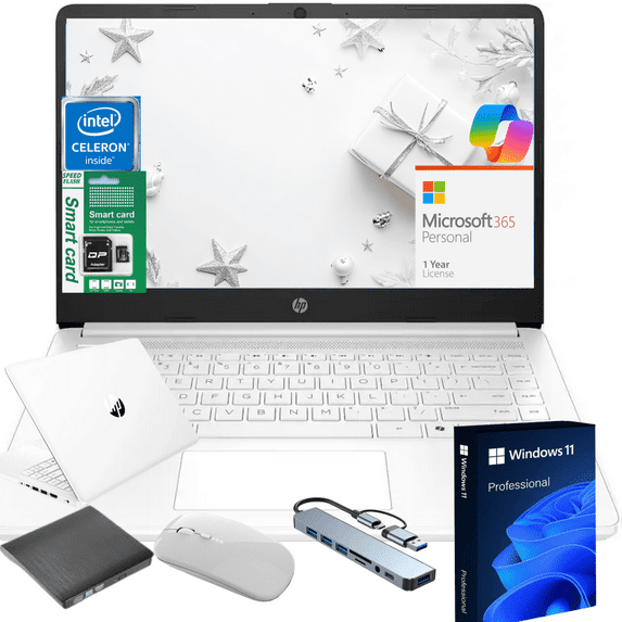 HP 14" HD Student & Business Laptop, Intel N4500, 16GB RAM, 320GB(64GB eMMC+256GB Micro SD) Storage, Windows 11 Pro with Copilot, 1-Year Microsoft 365, White, Gift Set