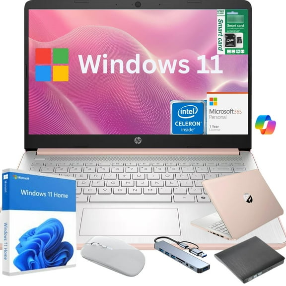 HP 14" HD Student & Business Laptop, Intel N4500, 16GB RAM, 832GB(64GB eMMC+512GB SSD+256GB Micro SD) Storage, Windows 11 Home with Copilot, 1-Year Microsoft 365, Rose Gold, Gift Set