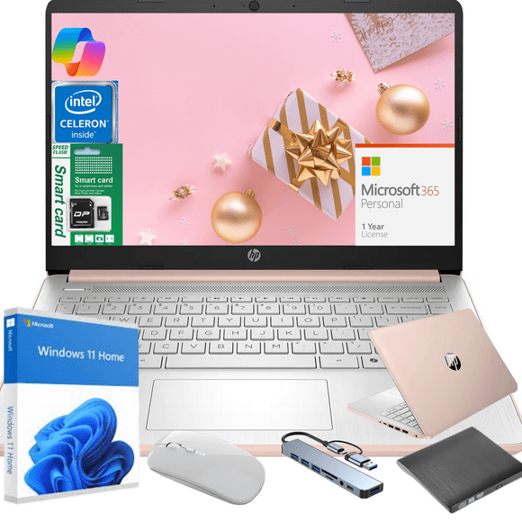 HP 14" HD Student & Business Laptop, Intel N4500, 8GB RAM, 128GB(64GB eMMC+64GB Micro SD) Storage, Windows 11 Home with Copilot, 1-Year Microsoft 365, Rose Gold, Gift Set