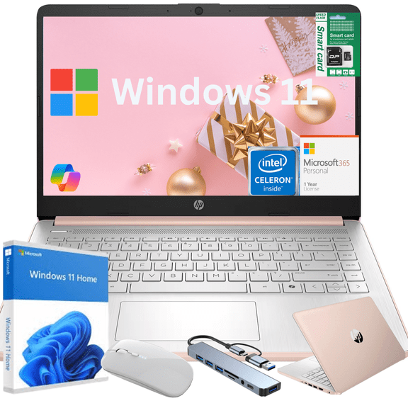 HP 14" HD Student & Business Laptop, Intel N4500, 8GB RAM, 128GB(64GB eMMC+64GB Micro SD) Storage, Windows 11 Home with Copilot, 1-Year Microsoft 365, Rose Gold, Gift Set