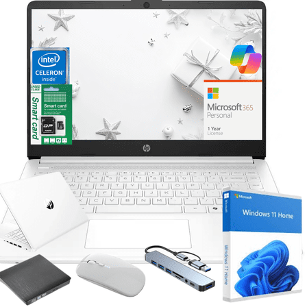 HP 14" HD Student & Business Laptop, Intel N4500, 8GB RAM, 128GB(64GB eMMC+64GB Micro SD) Storage, Windows 11 Home with Copilot, 1-Year Microsoft 365, White, Gift Set