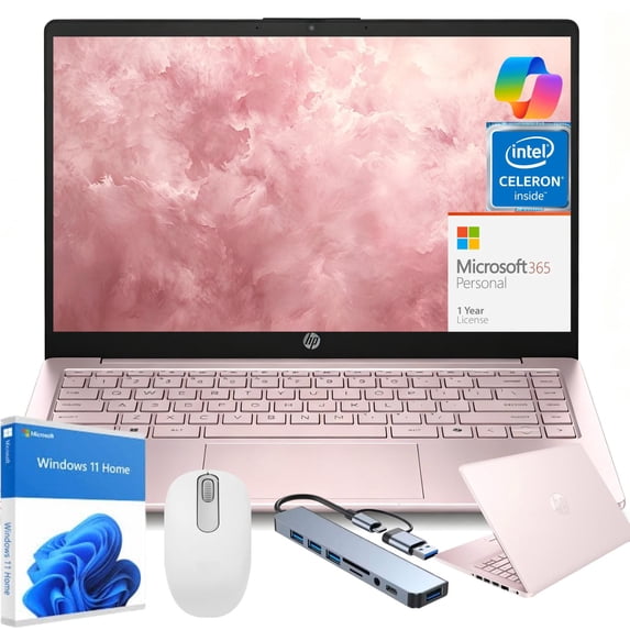 HP 14" HD Student Business Laptop, Intel Quad-Core N150, 16GB RAM, 128GB UFS, 1 Year Office 365, Slim Design, Webcam, HDMI, Bluetooth, WiFi, Windows 11 Home, Pink