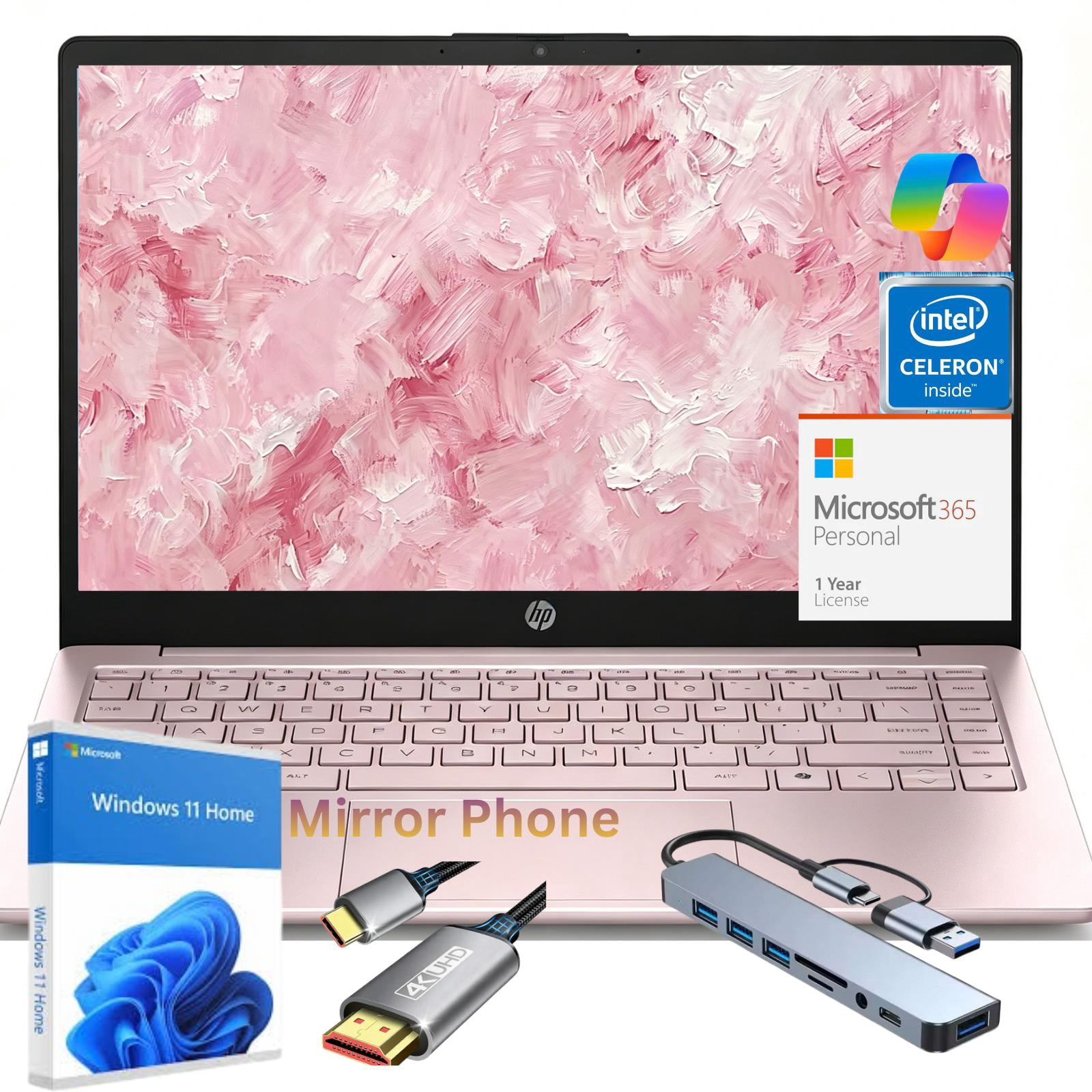 HP 14" HD Student Business Laptop, Intel Quad-Core N150, 8GB RAM, 128GB UFS, 1 Year Office 365, Slim Design, Webcam, HDMI, Bluetooth, WiFi, Win 11 S, Pink