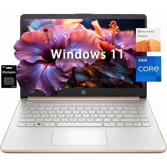 HP 14" HD Student Business Laptop, Intel Quad-Core N4120, 8GB RAM, 128GB eMMC, 1 Year Office 365, Slim Design, Webcam, HDMI, Bluetooth, WiFi, Win 11 S, Rose Gold