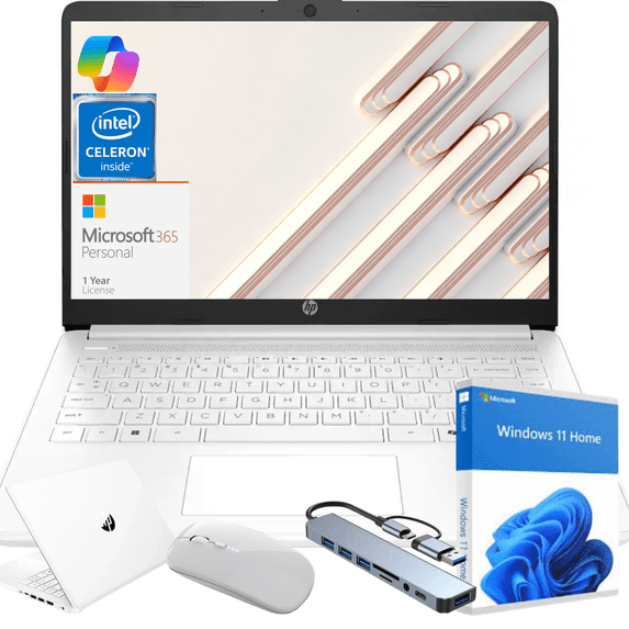 HP 14" HD Student Business Laptop, Intel Quad-Core N4500, 16GB RAM, 64GB UFS, 1 Year Office 365, Slim Design, Webcam, HDMI, Bluetooth, WiFi, Win 11 S, White