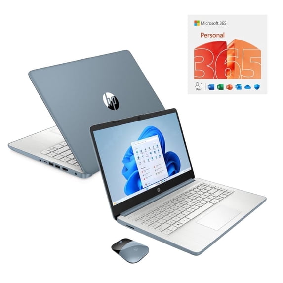 HP 14" HD Touchscreen Laptop with Copilot Intel N150 4GB RAM 128GB SSD Moonlight Blue + HP Wireless Mouse + One Year M365 Subscription