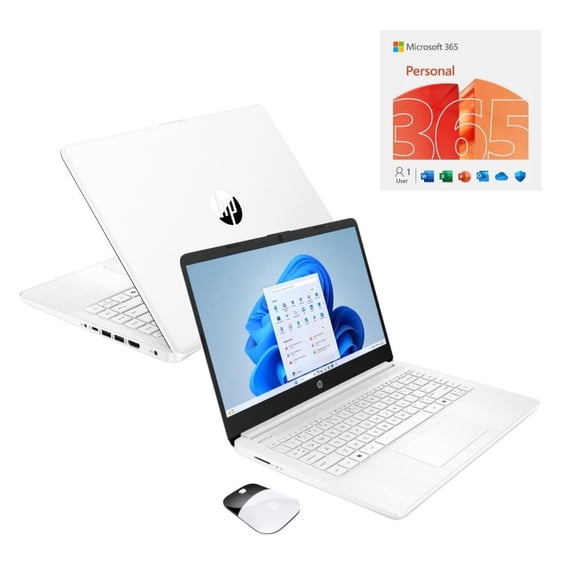 HP 14" HD Touchscreen Laptop with Copilot Intel N150 4GB RAM 128GB SSD Snowflake White + HP Wireless Mouse + One Year M365 Subscription
