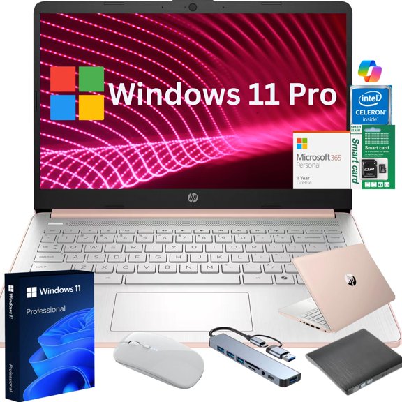 HP 14" HD Student & Business Laptop, Intel N4500, 12GB RAM, 640GB(64GB eMMC+512GB PCIe SSD+64GB Micro SD) Storage, Windows 11 Pro with Copilot, 1-Year Microsoft 365, Rose Gold, Gift Set