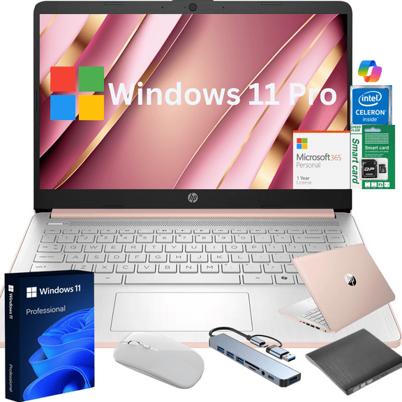 HP 14" HD Laptop for School and Work, Intel N4500, 12GB RAM, 832GB(64GB eMMC+512GB PCIe SSD+256GB Micro SD) Storage, Windows 11 Pro with Copilot, 1-Year Microsoft 365, Rose Gold, Gift Bundle