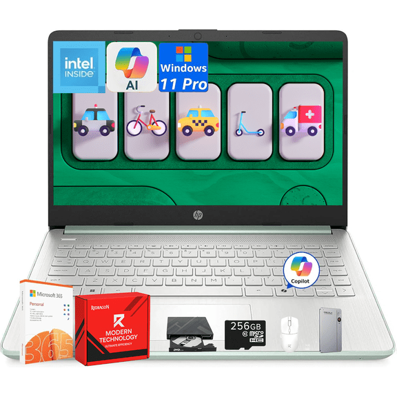 HP 14 Inch AI Laptop for Business, Intel N150 Processor, 16 GB RAM, 384 GB Storage(128GB UFS+256GB MSD), Wi-Fi 6, Copilot-AI Chat, 1 Year Office 365, Natural Green, Windows 11 Pro