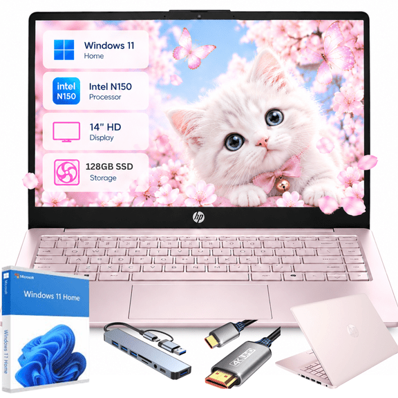 HP 14 Inch HD Laptop, Intel Celeron N150 up to 2.8GHz, 4GB 128GB eMMC, Windows 11 Home, Anti-Glare Display, Thin and Lightweight for School and Work