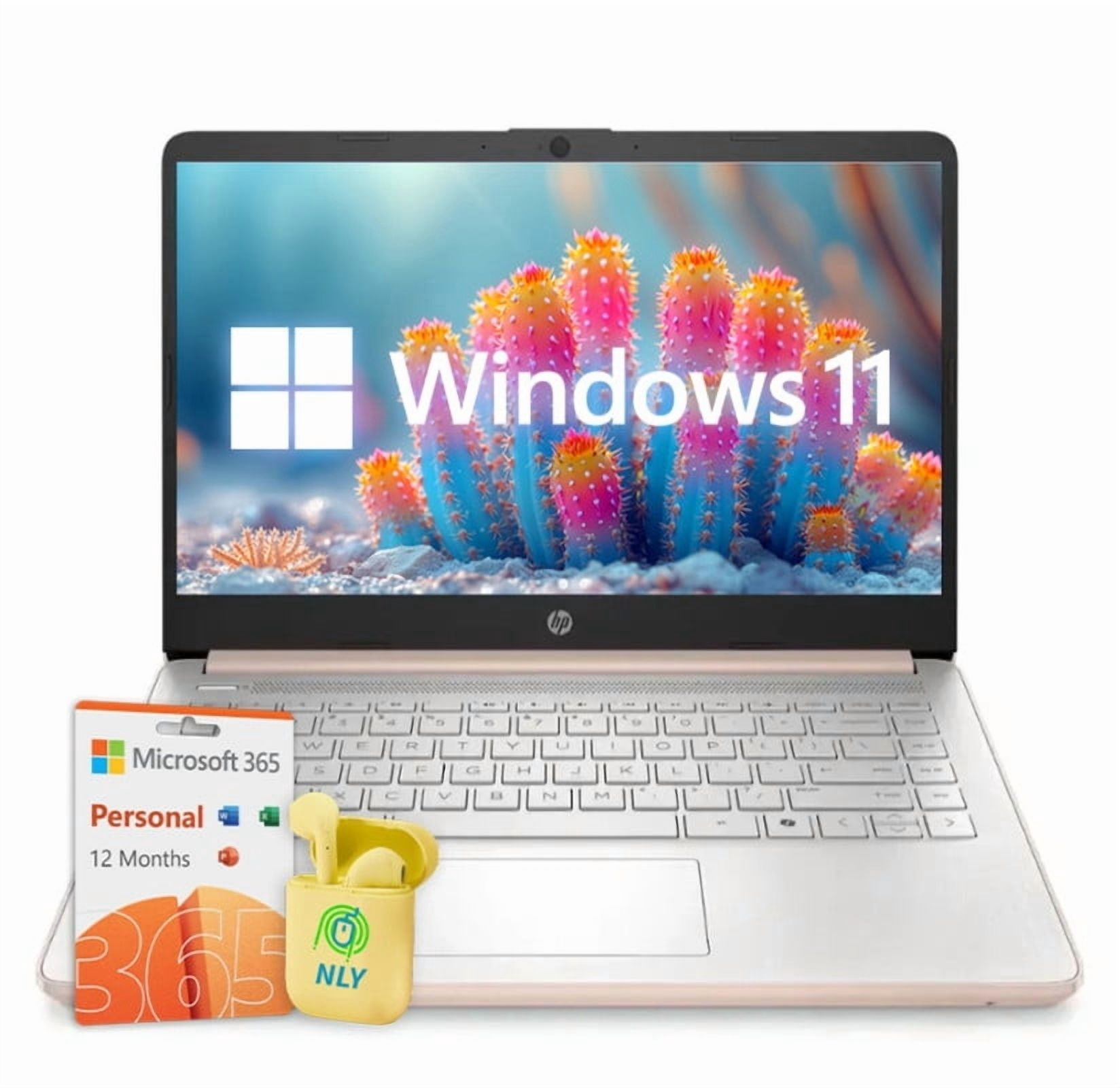 HP 14 Inch LED Laptop for Student & Business, 16GB RAM 640GB Storage (128GB UFS+512GB SD Card), Copilot Laptop with Windows 11, 1-Year Office 365, 4-core Intel Processor, NLY Earphones, Rose Gold
