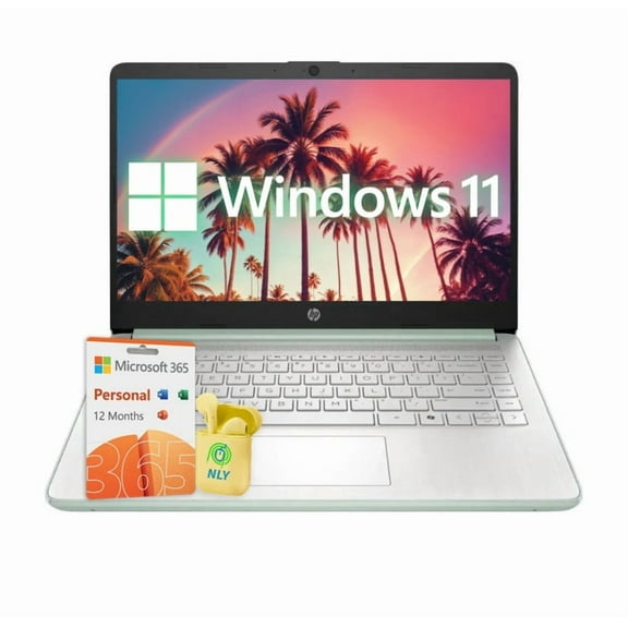 HP 14 Inch LED Laptop for Student & Business, 8GB RAM 640GB Storage (128GB UFS+512GB SD Card), Copilot Laptop with Windows 11, 1-Year Office 365, 4-core Intel Processor, NLY Earphones, Willow Green