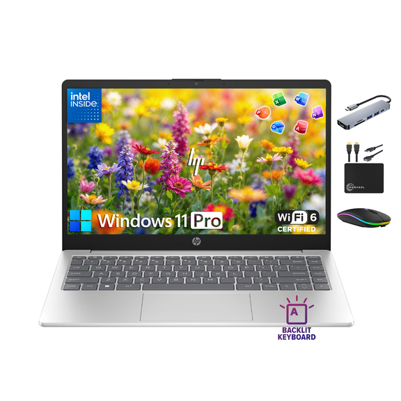 HP 14 Inch Laptop Computer, Intel N200 Processor, 8GB RAM & 628GB Storage (128GB SSD 500GB Ext), MS Office Suite for Business & Student, Win 11 Pro, IPS FHD, Wi-Fi 6, Backlit KB, MarxsolAccessory