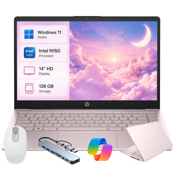 HP 14-Inch Laptop, Intel N150 up to 2.8GHz, 16GB RAM, 128GB , Windows 11 Home, Anti-Glare Screen,One Year Microsoft Office, Portable Laptop for School and Work