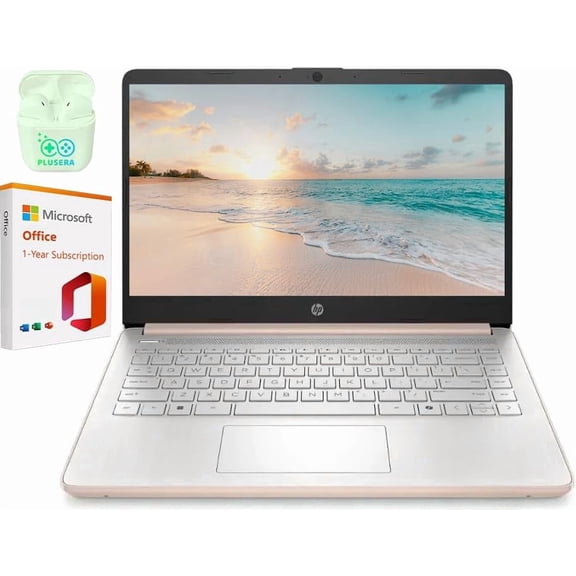 HP 14" LED Business Laptop Computer with 1-Year Office 365, 4GB RAM 128GBUFS, Intel Quad-Core N150 Processor, Windows 11 S, PLUSERA Earphones, Pale Rose Gold