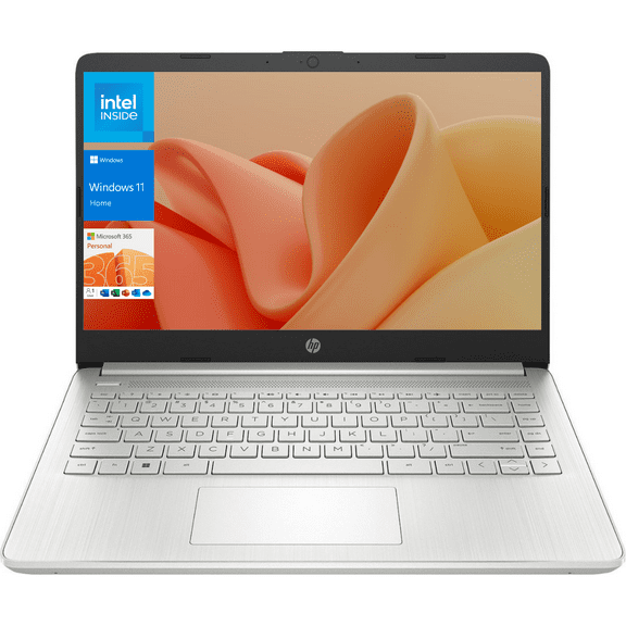 HP 14 Laptop, 14" HD Display, Intel Quad-Core Processor, 8GB RAM, 128GB Storage, SD Card Reader, Microsoft 365, Webcam, Wi-Fi, W11H, Silver