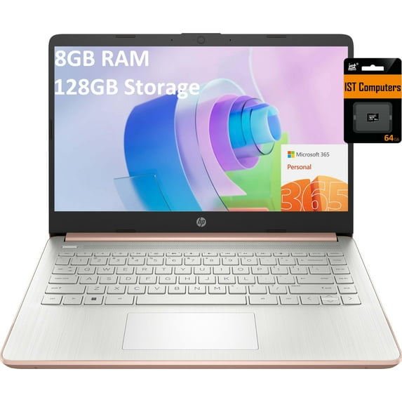 HP 14 Laptop (14" HD Narrow-Bezel, Intel N4120, 8GB RAM, 128GB (64GB eMMC + 64GB SD), 1-Yr Microsoft 365, 11-Hr Long Battery Life, Webcam, Wi-Fi, Win 11 Home in S Mode, Student & Home, Rose Gold