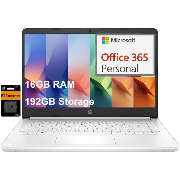 HP 14 Laptop (14" Micro-Edge, Intel N4120, 16GB RAM, 192GB(64GB eMMC+128GB SD), 1-Yr Microsoft 365, 11-Hrs Long Battery Life, Narrow-Bezel, Webcam, WiFi, Win 11 Home in S Mode, Student & Home, White