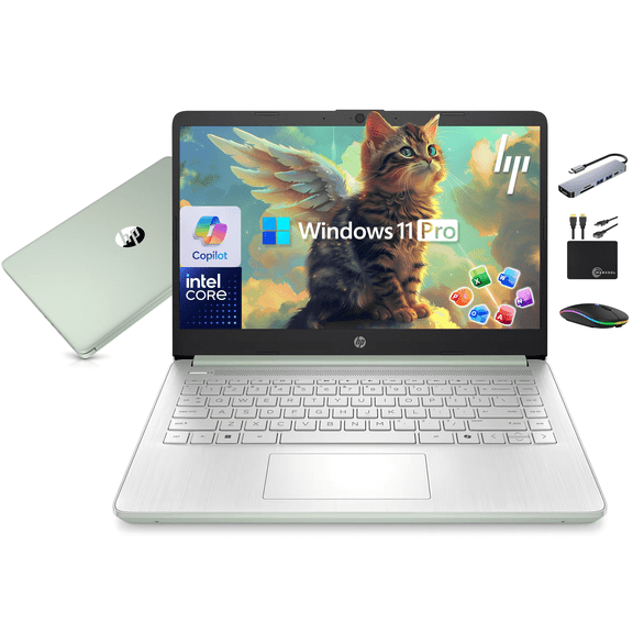 HP 14" Laptop 2026 Business Student Computer, Lifetime MS Office, Win 11 Pro, 4-Core Intel CPU, 16GB RAM, 628GB Storage (128GB UFS+500GB Ext), Copilot AI, Slim, MarxsolAccessory, Wi-Fi 6, Green