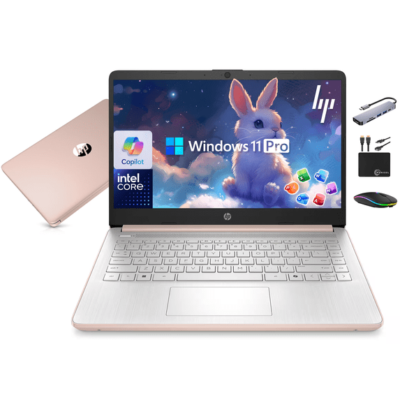 HP 14" Laptop 2026 Business Student Computer, Lifetime MS Office, Win 11 Pro, 4-Core Intel CPU, 8GB RAM, 628GB Storage (128GB UFS+500GB Ext), Copilot AI, Slim, MarxsolAccessory, Wi-Fi 6, Rose Gold