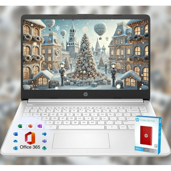 HP 14 Laptop Back to School Limited Edition with Microsoft 365 4-Core Intel CPU 16GB RAM 1600GB Storage (64GB OnBoard + 512GB P500 Portable SSD + 1TB OneDrive) Snow White Win 11