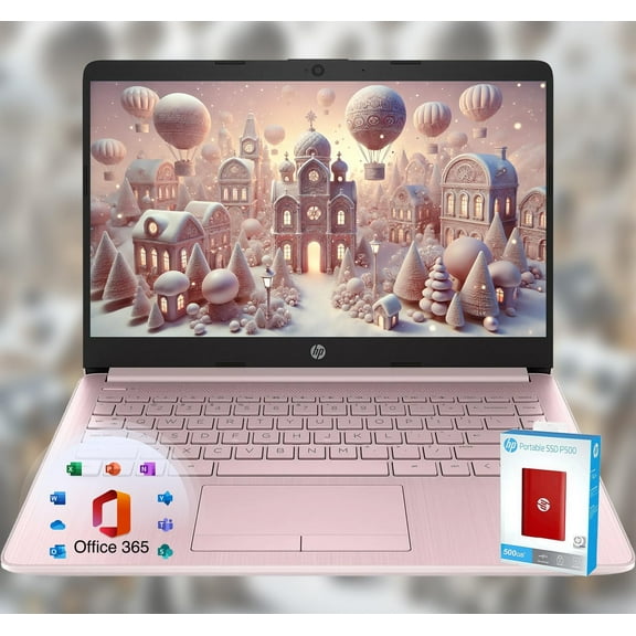 HP 14 Laptop * Back to School Limited Edition with Microsoft 365 * 4-Core Intel CPU * 32GB RAM *1600GB Storage (64GB OnBoard + 512GB P500 Portable SSD + 1TB OneDrive) * Pink * Win 11