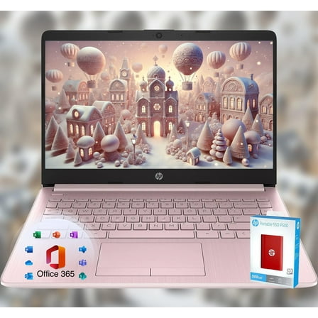 HP 14 Laptop Back to School Limited Edition with Microsoft 365 4-Core Intel CPU 32GB RAM 1600GB Storage (64GB OnBoard + 512GB P500 Portable SSD + 1TB OneDrive) Pink Win 11