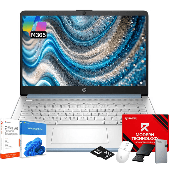 HP 14" Laptop Computer - HD Thin and Light Laptop • Intel 4-Core N150 • 16GB RAM • 128GB UFS + 256GB Micro SD • Windows 11 Pro • 1-Year Microsoft Office 365 • Bluetooth • Wi-Fi