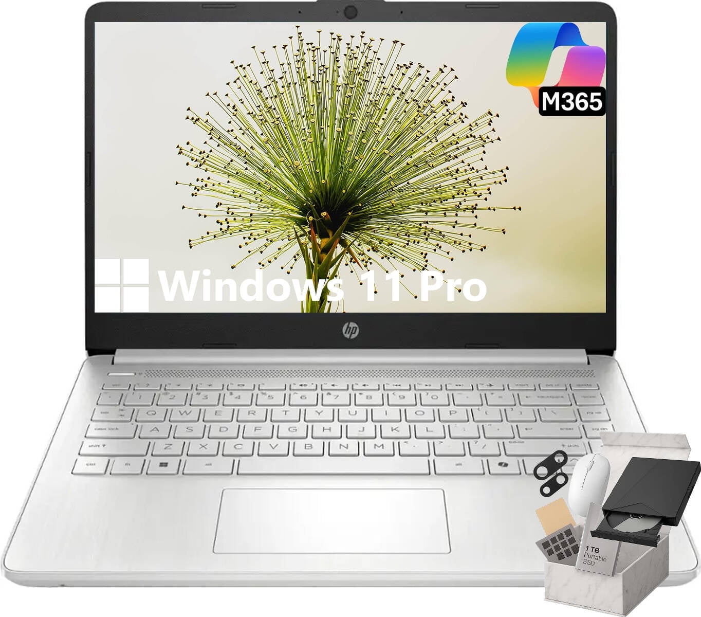 HP 14 AI Copilot Laptop 4 Core Intel CPU 8GB RAM 128GB Storage 1 Yr Office 365 Win 11S Rose