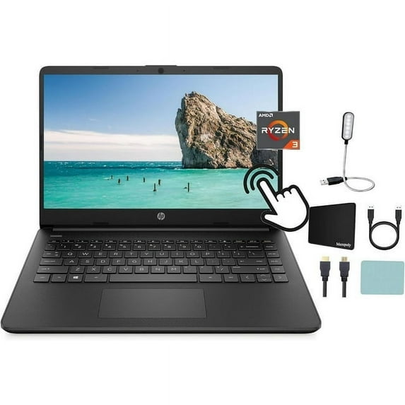 HP 14" Micro-Edge HD Touchscreen Laptop, AMD Ryzen 3 5300U Processor, 12GB RAM, 256GB PCIe SSD, AMD Radeon Graphics, WiFi, Bluetooth, Media Card Reader, Windows 11 Home, Black + Mazepoly Accessories