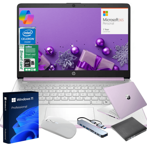 HP 14" N150 Laptop,Intel Quad-Core,16GB RAM,256GB Storage (128GB eMMC + 128GB SD), Windows 11 Pro Copilot，1 Year Microsoft Office 365,Thin Lightweight Lavender Notebook for Work School