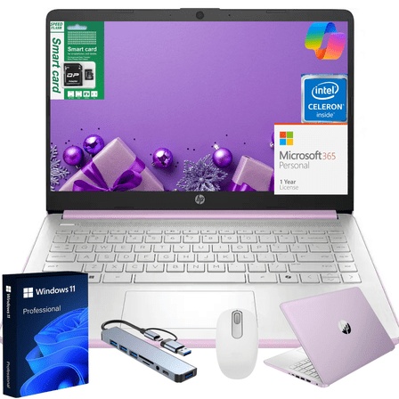 HP 14" N150 Laptop,Intel Quad-Core,16GB RAM,256GB Storage (128GB eMMC + 128GB SD), Windows 11 Pro Copilot,1 Year Microsoft Office 365,Thin Lightweight Lavender Notebook for Work School
