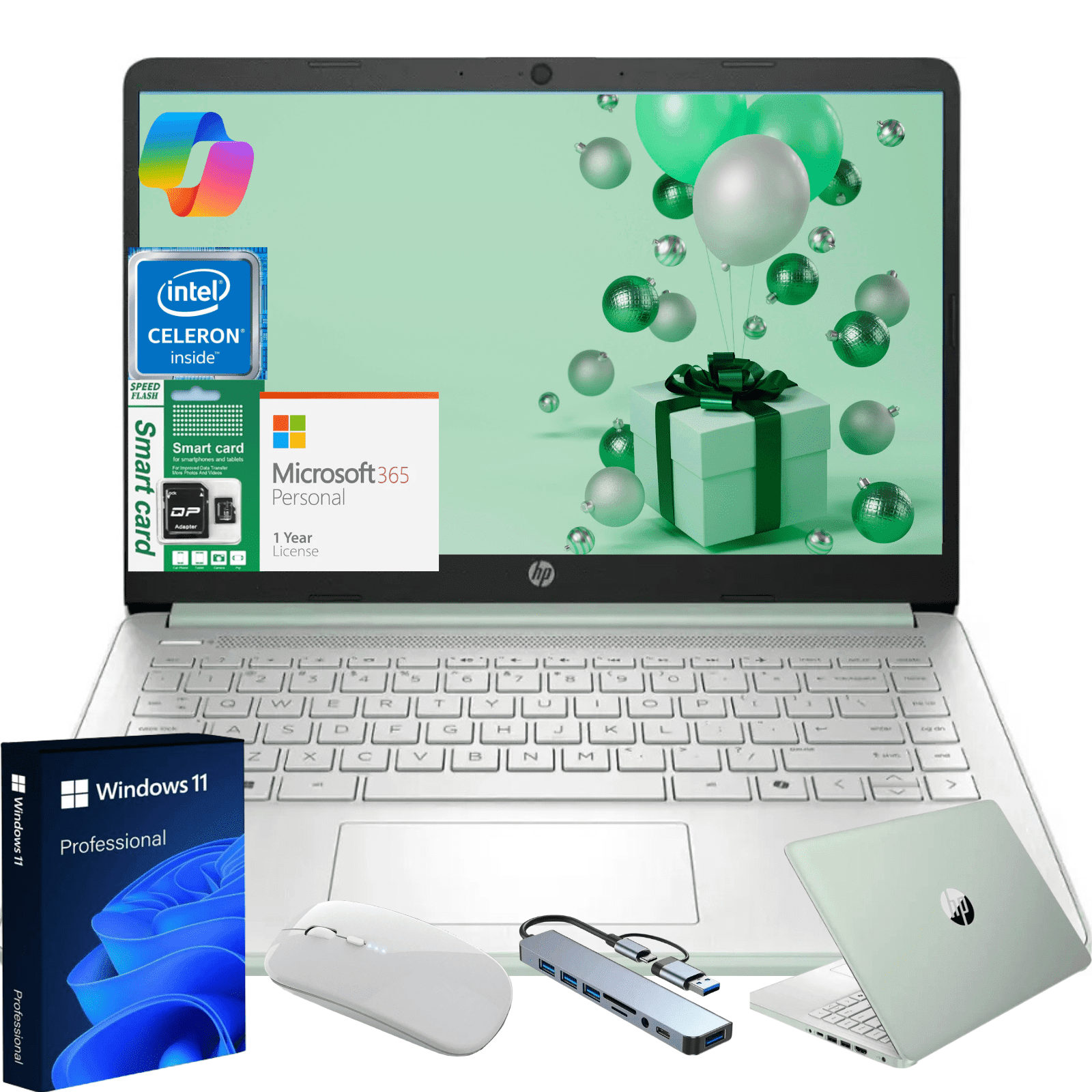 HP 14" N150 Laptop, Intel Quad-Core, 16GB RAM, 256GB Storage (128GB eMMC + 128GB SD), Windows 11 Pro Copilot & 1 Year Microsoft Office 365, Ultra Thin Lightweight Green Notebook for Work and School